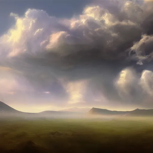 Image similar to peaceful puffy clouds, matte painting, concept art, 4k