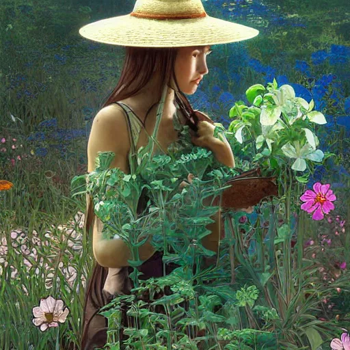 Image similar to slightly rusty robot-gardener in a straw hat, waters flowers, highly detailed, texture, background greenhouse, mild dreamy professional lighting, digital art, smooth, sharp focus, illustration, wide angle shot, full body visible, art by artgerm, by alphonse mucha