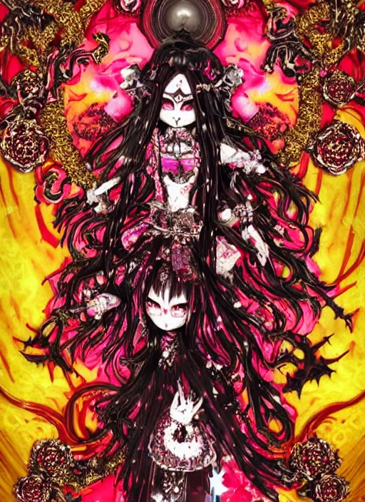 Image similar to baroque bedazzled gothic royalty frames surrounding a pixelsort emo demonic horrorcore japanese yokai doll, low quality sharpened graphics, remastered chromatic aberration spiked korean bloodmoon sigil stars draincore, gothic demon hellfire hexed witchcore aesthetic, dark vhs gothic hearts, neon glyphs spiked with red maroon glitter breakcore art by guro manga artist Shintaro Kago