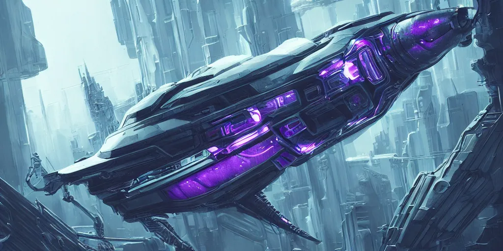 Image similar to spaceship, sci-fi, cyberpunk, sleek, chrome, futuristic, alien, white, blue, purple, trending on artstation, detailed, intricate, steampunk,