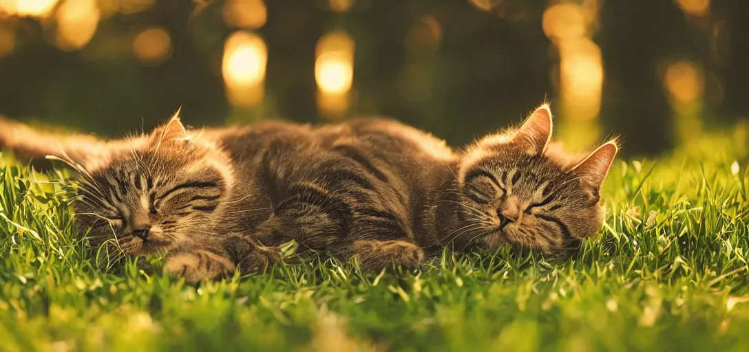 Prompt: a cute cat sleeping on the grass in a forest at sunset, godrays, complementary colors, warm lighting, raytracing, highly detailed, high quality, 4k HDR, concept art, octane render, unreal engine 5, high coherence, calm, relaxing, beautiful landscape, serene