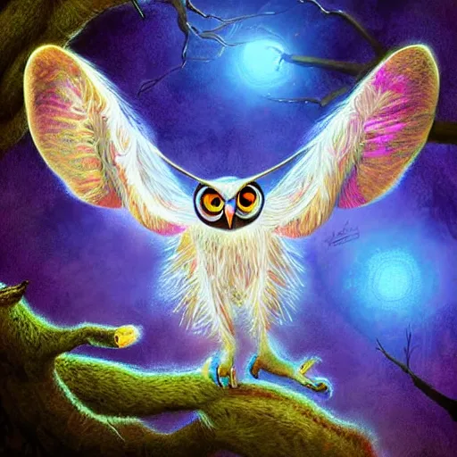 Image similar to moth owl hybrid chimera creature, flying between trees, high quality digital art, dreamy atmosphere, dramatic lighting