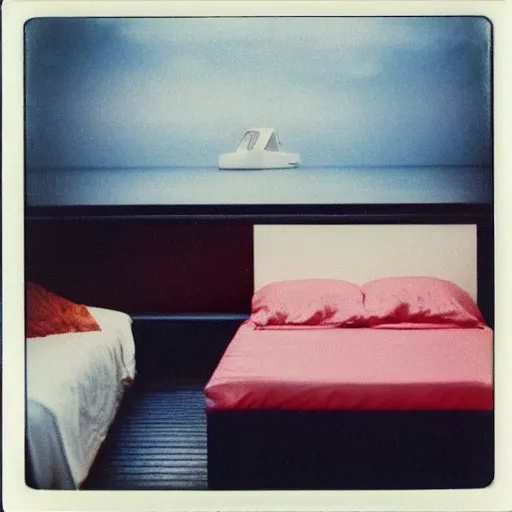 Prompt: grainy Polaroid film photograph of an empty bed with silk sheets floating in the middle of the ocean. super resolution. surreal. Extremely detailed. Polaroid 600 film. by Annie Leibovitz and Richard Avedon