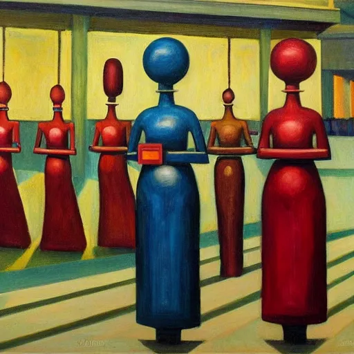 Image similar to robot druids in a grand processional, capital plaza, grant wood, pj crook, edward hopper, oil on canvas