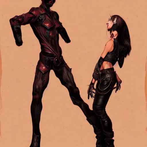 Prompt: a boy being cornered by a succubus in a leather suit, concept art, detailed, dramatic lighting