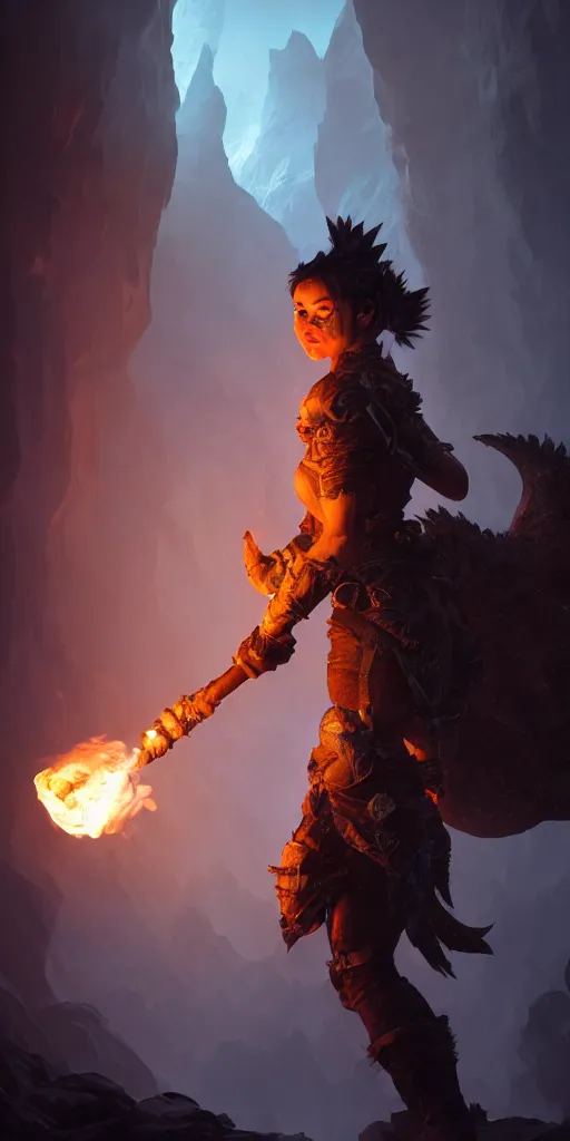 Image similar to a epic hero adventurer holding a torch in a dark cave, fantsy, concept art, artgerm, monster hunter world, 8 k realistic, radiant light, frostbite 3 engine, dof, cryengine, digital art, detailed background