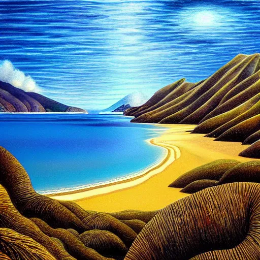 Image similar to tata islands, golden bay abel tasman new zealand, highly detailed, highly detailed fantasy ethereal surrealist art