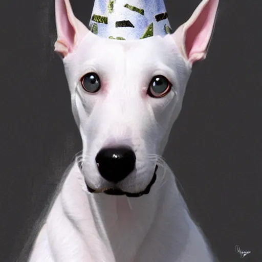 Prompt: A masterpiece portrait of a white greyhound puppy. Greyhound is wearing party hat. Very detailed. intricate, elegant, highly detailed. trending on artstation, digital art, by Stanley Artgerm Lau, WLOP, Rossdraws, James Jean, Andrei Riabovitchev, Marc Simonetti, Yoshitaka Amano