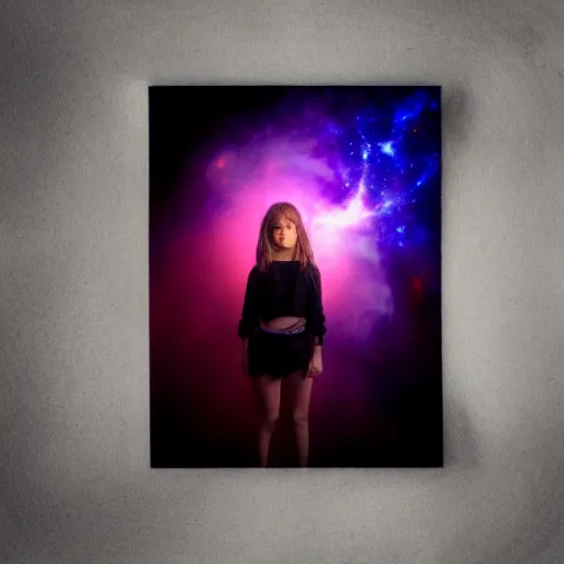 Image similar to girl cover in cosmic shadows with giant wings of glowing nebulas, realistic photograph, polaroid pic by horror