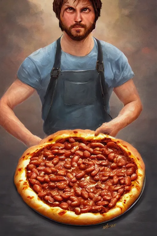 Prompt: a full body high detail fantasy portrait oil painting illustration of baked beans and pizza by justin sweet with face and body clearly visible, in a scenic background, pretty eyes, realistic proportions, d & d, rpg, forgotten realms, artstation trending, high quality, sombre mood, artstation trending, muted colours, entire person visible!