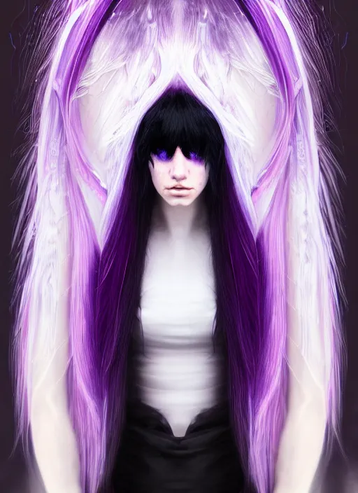 Image similar to hair whitebangs hair, black cyberlox, portrait of teenage girl with white bangs, whitebangsblackhair, messy bangs, cyberlox, whitebangs, red irises, purple clothes, intricate, elegant, glowing lights, highly detailed, digital painting, artstation, concept art, sharp focus, illustration, art by wlop, mars ravelo and greg rutkowski