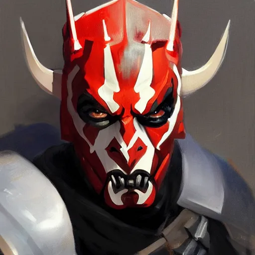 Image similar to greg manchess portrait painting of armored darth maul as overwatch character, medium shot, asymmetrical, profile picture, organic painting, sunny day, matte painting, bold shapes, hard edges, street art, trending on artstation, by huang guangjian and gil elvgren and sachin teng