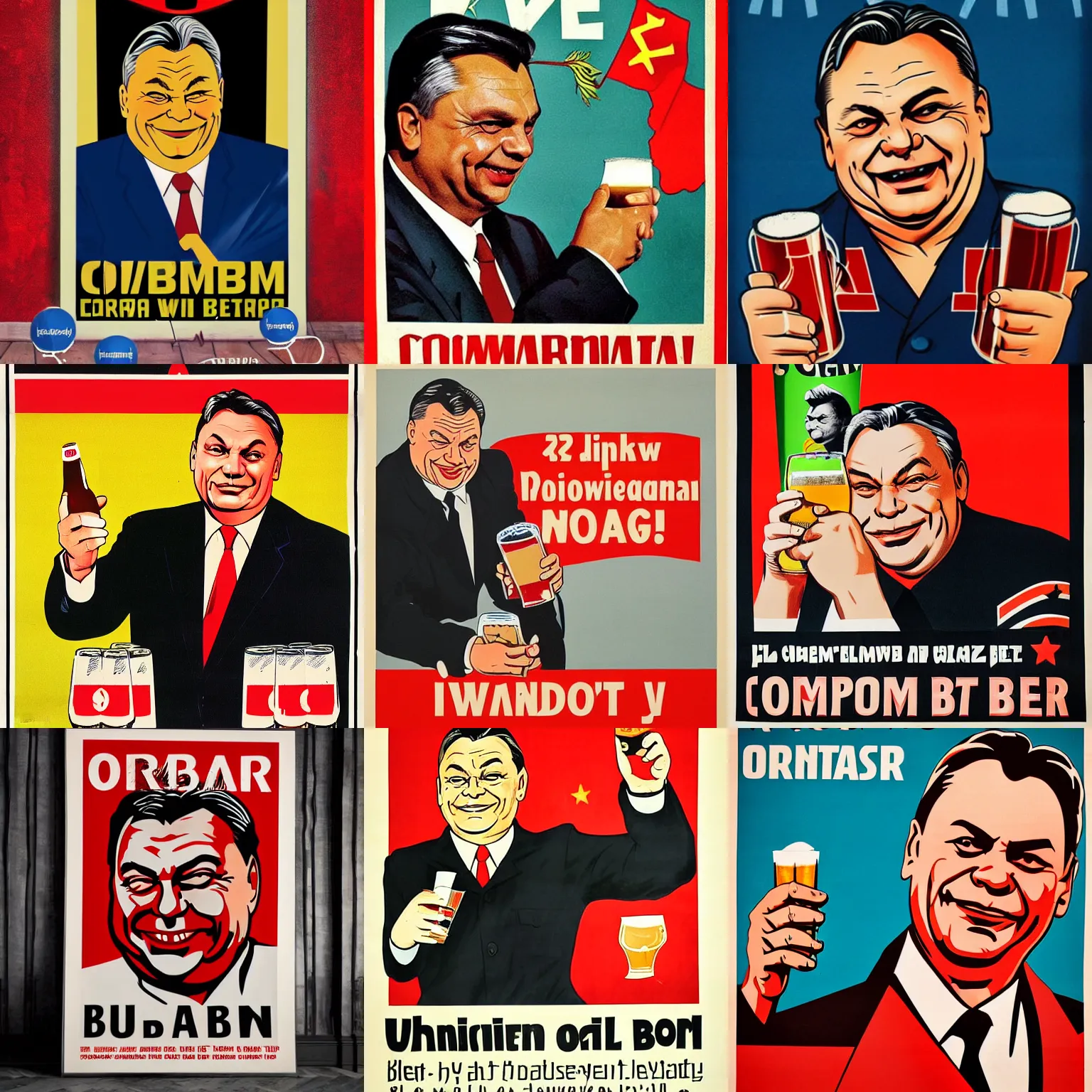 Prompt: propaganda poster of communist viktor orban winking with beer