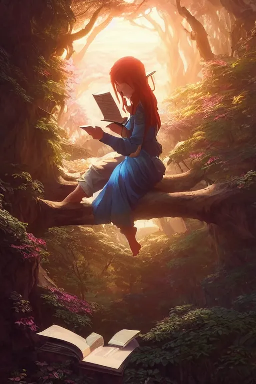 Image similar to highly detailed portrait of beautiful girl reading a book in avatar, dynamic pose, stephen bliss, unreal engine, fantasy art by greg rutkowski, loish, rhads, ferdinand knab, makoto shinkai and lois van baarle, ilya kuvshinov, rossdraws, tom bagshaw, global illumination, radiant light, detailed and intricate environment