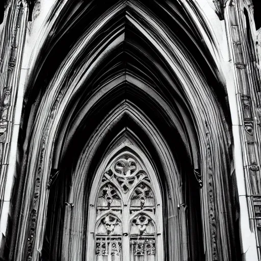 Image similar to architectural shot, no decaying lines, alabaster gothic cathedral, black opal skin, gothic girl dressed in black with macro head face