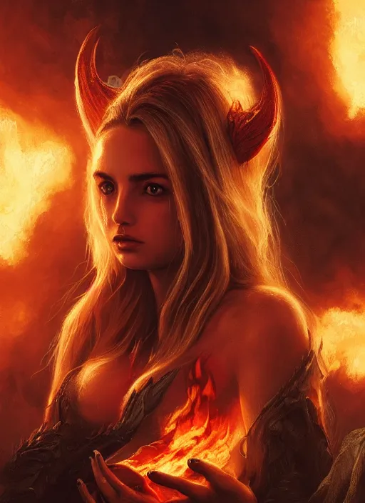 Prompt: evil pretty blond girl dragon surrounded by fire tornadoes, flawless symmetrical pretty cute face, ana de armas, hetrochromia, greg rutkowski, 8 k, shallow depth of field, intricate detail, concept art,