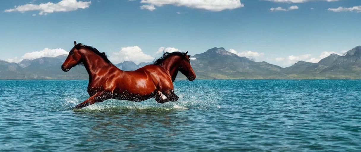 Image similar to horse swiming through large lake!!, mountains in the background, huge view panoramic, beautiful landscape