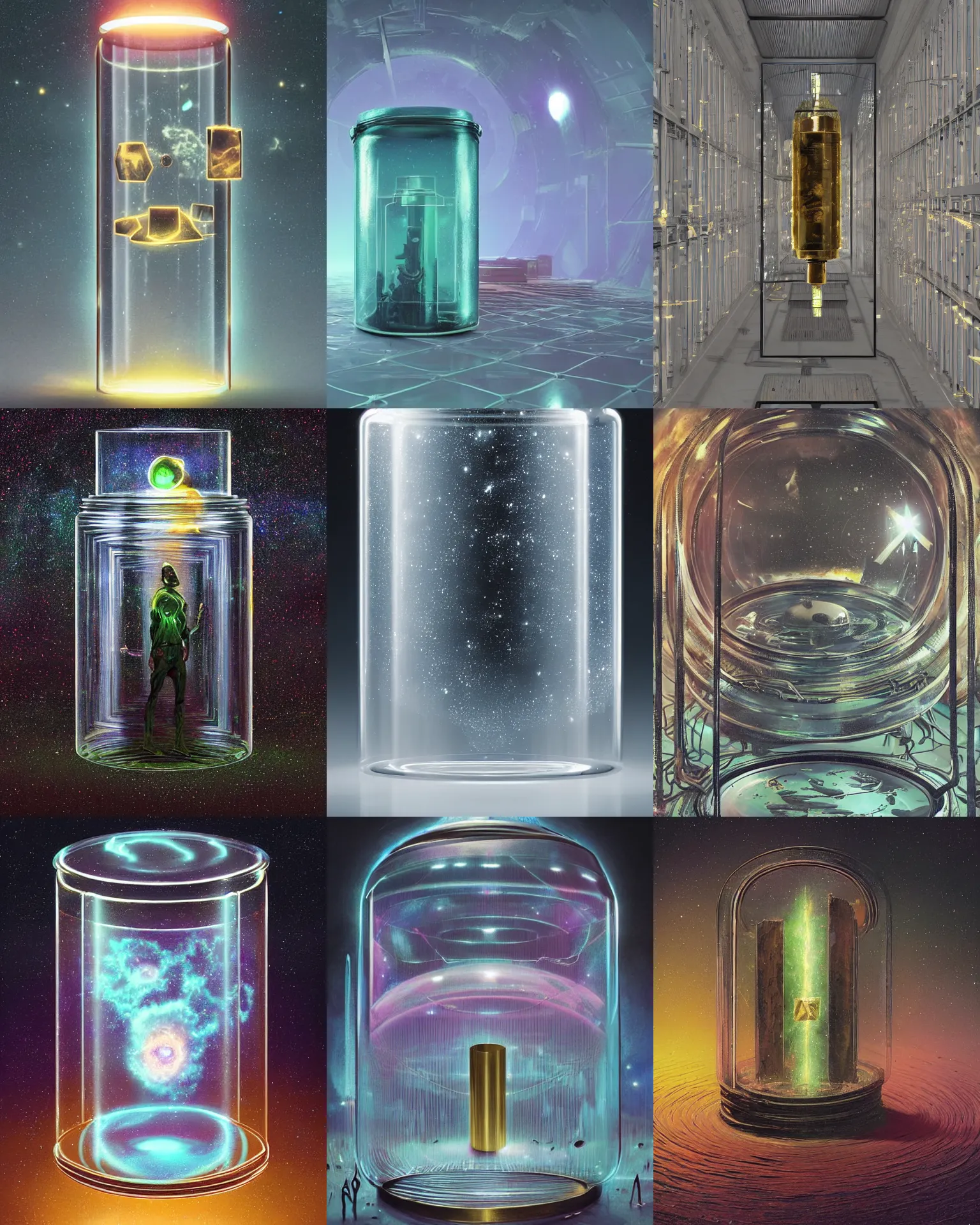 Prompt: vivid void manifold made of brass and quark matter neatly fits inside large boron glass storage jar, lying forgotten on the shelf in SCP foundation. Secure, Contain, Protect, iridescent nebula inside a glass cylinder safely contained, eerie nostalgic concept art, by James Gurney and Simon Stalenhag and Greg Rutkowski, hyperdetailed SCP artifact jar, macroshot, trending on ArtStationHQ, 8k