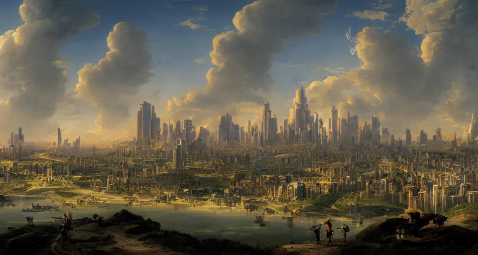 Image similar to view on futuristic city in the horizon, illustration by asher brown durand, detailed, sharp, masterpiece, 8 k
