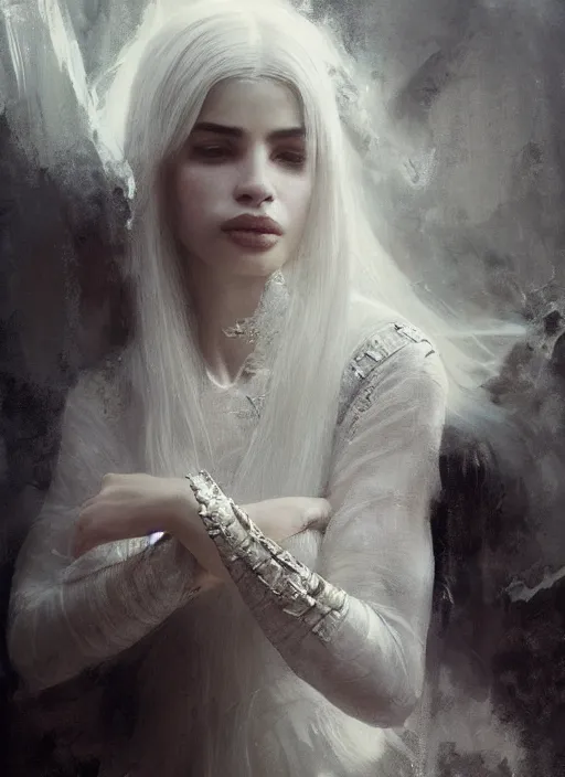 Prompt: anne curtis, a beautiful white haired princess, adorned with ivory jewelry, intricate concept art, ethereal, ominous, dramatic lighting, ruan jia and jeremy mann