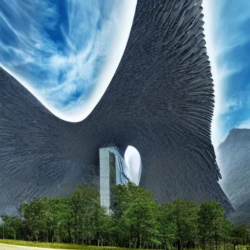 Prompt: monumental full open shot during the day of a smooth futuristic glowing massive abstract structure. the detailed structure resembles huge bird wings. the structure is ment for people and has trees on it's porches. insanely large sense of scale. the building has the size of a mountain. full shot. extreme long wide shot.