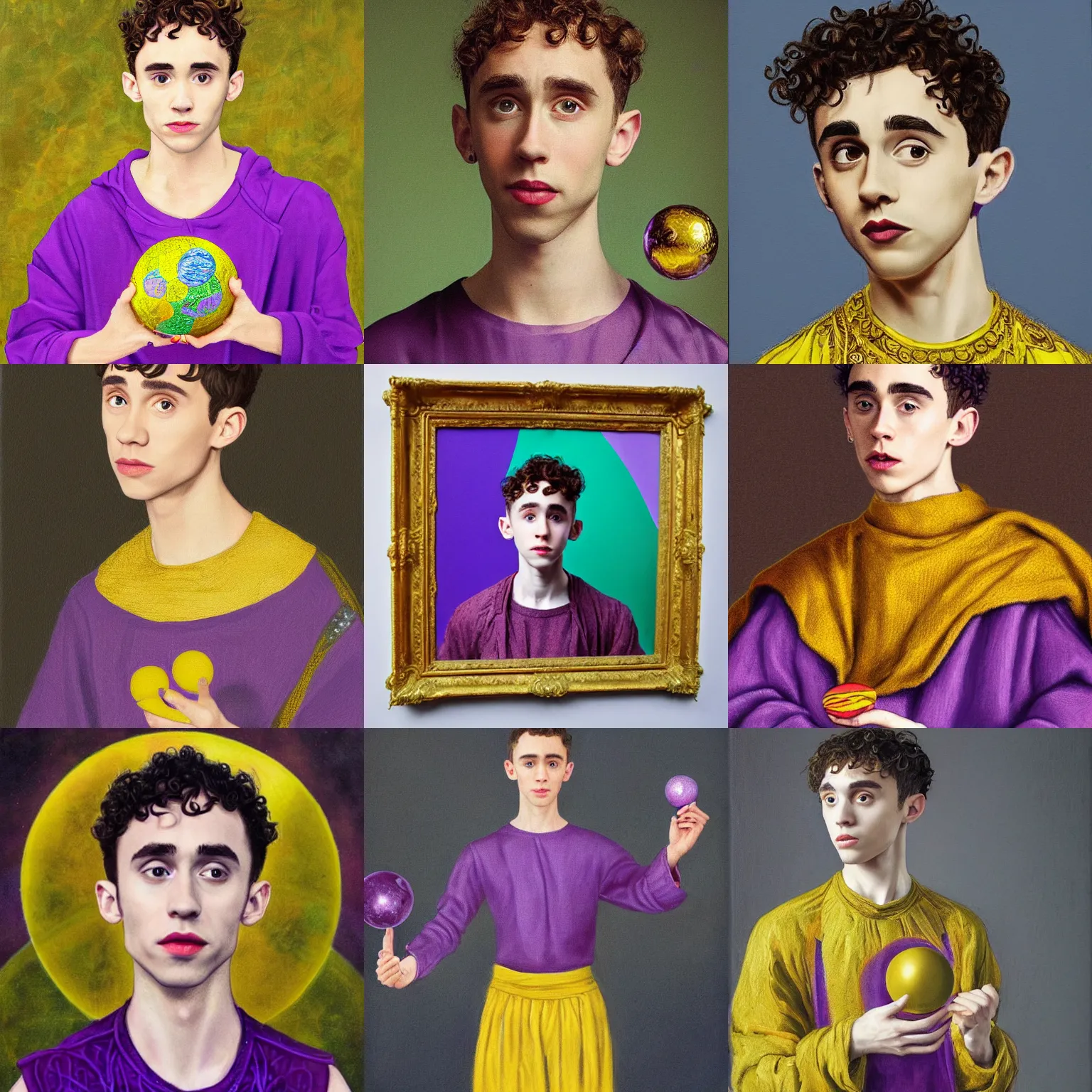 Prompt: A masterpiece portrait of a Olly Alexander wearing a purple tunic and holding a yellow magical orb. Very detailed. intricate elegant highly detailed