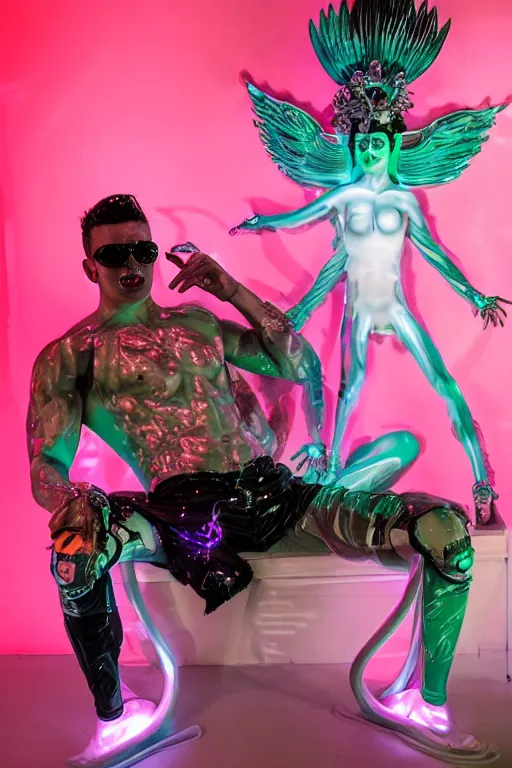 Image similar to full-body rococo and cyberpunk style neon statue of a muscular attractive Sean Mendez wearing cholo shades macho dotado e rico android sim roupa reclining con las piernas abertas e la piroca dura, ethereal white dripping tar, glowing orange lasers, pink tigers, glowing eyes, silver prince crown, black gears, pink diamonds, swirling mint-colored silk fabric. futuristic elements. full-length view. human skulls. large intricate artwork by caravaggio. Trending on artstation, octane render, cinematic lighting from the right, hyper realism, octane render, 8k, depth of field, 3D
