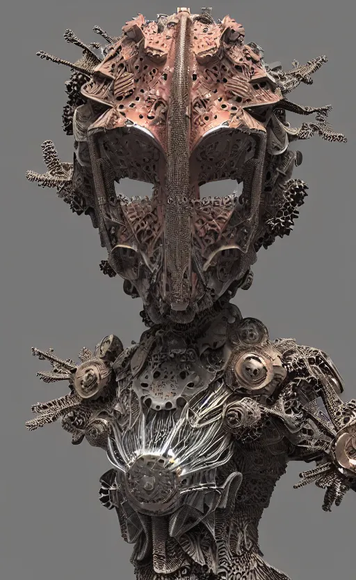 Prompt: armored angel intricate mask, eagle coral, jelly fish, mandelbulb 3 d, fractal flame, octane render, cyborg, biomechanical, futuristic, by ernst haeckel