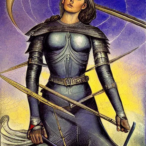 Image similar to jeanne d'arc in the style of william blake, terese nielsen, steve argyle