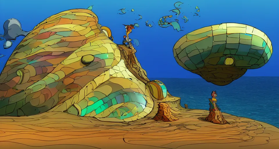 Image similar to giant abalone - shaped seashell house in the ocean by dr seuss, ralph mcquarrie, in the style of zelda windwaker, triadic color scheme, cell shading, 3 d