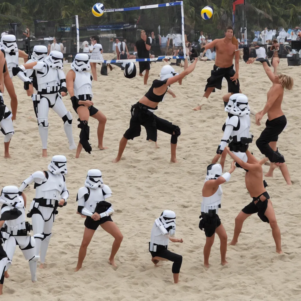 Prompt: a group of imperial stormtroopers playing beach volleyball