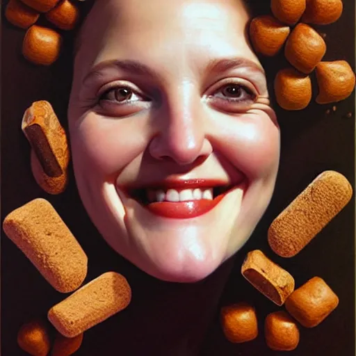Prompt: drew barrymore in a smore, chocolate, marshmallow graham cracker, digital painting by arcimboldo, rhads