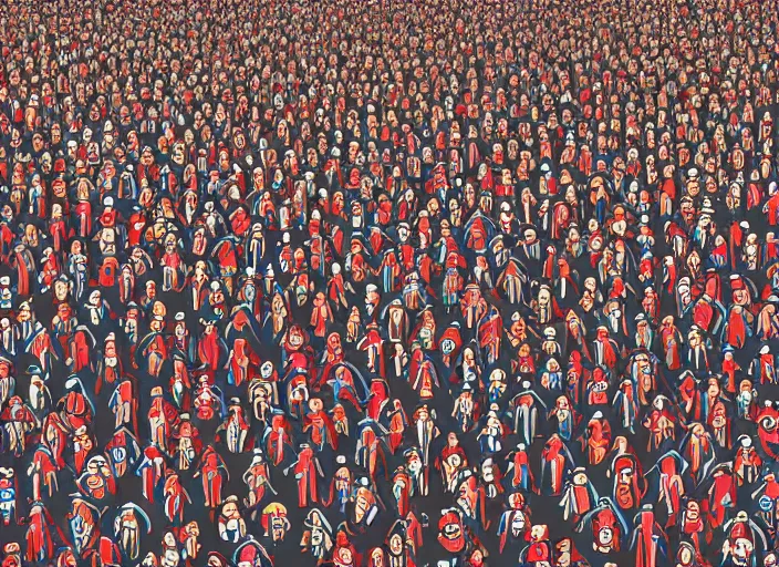 Image similar to where's waldo, creepy people, lowbrow, matte painting, 3 - d highly detailed, in the style of richard corbin