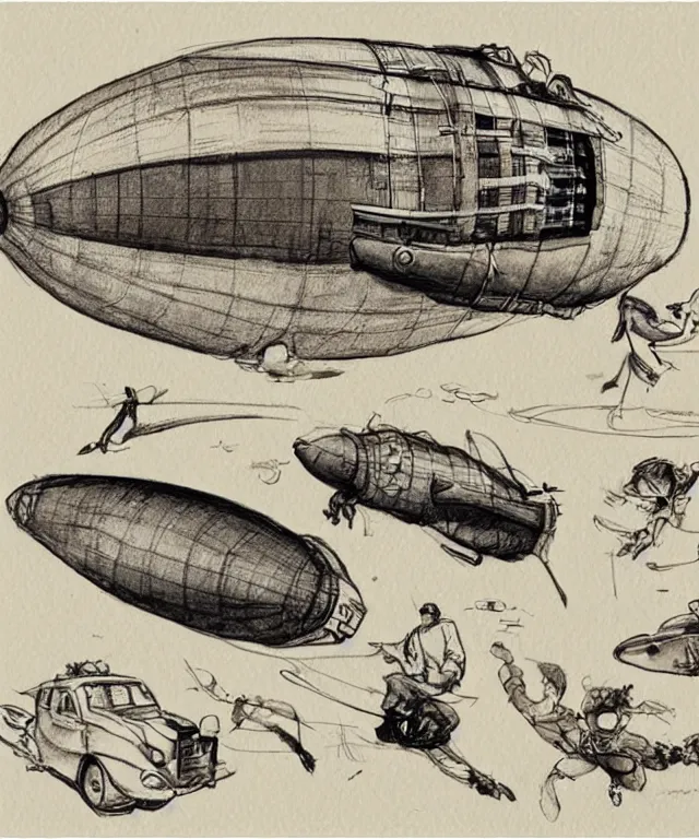 Prompt: the golden age of American illustration archive gesture drawings color pen and ink and pencil sketch vehicle concept design game asset of sketches watercolor of a retro steampunk blimp one man airship by Stanley Artgerm Lau, WLOP, Rossdraws, James Jean, Andrei Riabovitchev, Marc Simonetti, and Sakimichan, tranding on artstation , assets, character design, tending on pinterest, trending on cgtalk, trending on concept art, trending on vehicle design