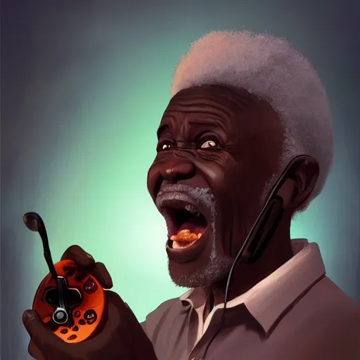 Prompt: An old african man raging and screaming and Television, holding a controller. Nice rimlight. By ilya kuvshinov, krenz cushart, Greg Rutkowski, trending on artstation. Sharp highlights, amazing textured brush strokes, accurate shape, cinematic soft, 8k, VFX, HDR, dramatic lighting, psychedelic colouring