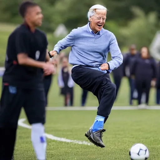 Image similar to Joe Biden playing soccer, doing a step over, breaking ankles, his opponents falling over