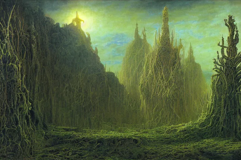 Prompt: neo - atlantean hyperborean overgrown steppe cybernetic cathedral by caspar friedrich, albert bierstadt, james gurney, brian froud