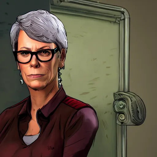 Image similar to jamie lee curtis portrait, borderlands, tales from the borderlands, the wolf among us, comic, cinematic lighting, studio quality, 8 k