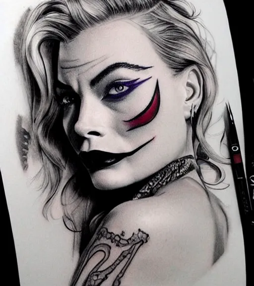 Image similar to tattoo design sketch of beautiful margot robbie portrait with joker makeup, in the style of den yakovlev, realistic face, black and white, realism tattoo, hyper realistic, highly detailed, beautiful drawing