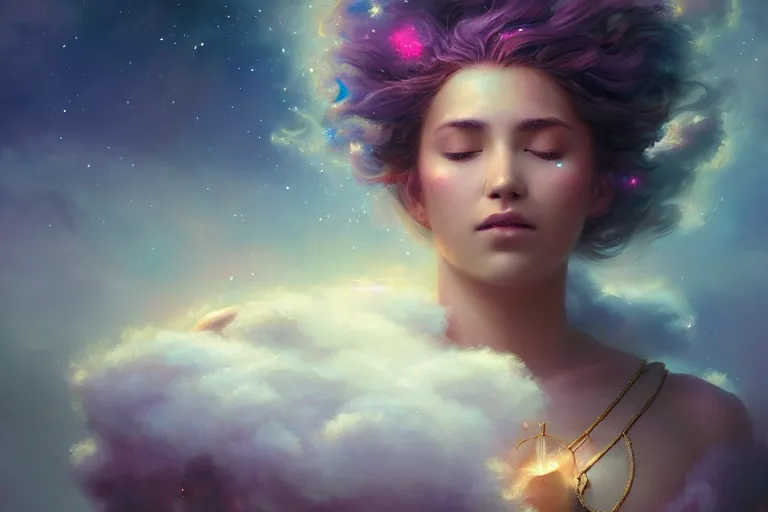 Prompt: a beautiful portrait of a female goddess surrounded by fluffy clouds with closed eyes, galaxy theme colors, galaxy theme colors, ultra realistic digital art by Greg Rutkowski and Raymond Swanland, Trending on Artstation, ultra realistic digital art, ultra realistic digital art