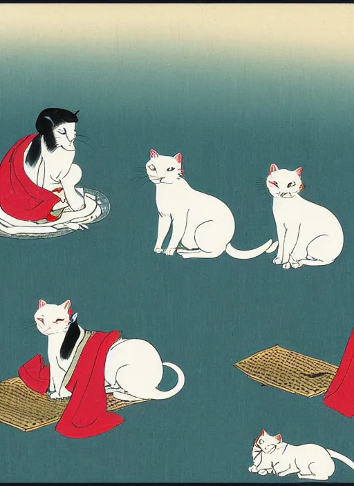 Image similar to whitecat with 2 baby white cats of utagawa hiroshige, digital painting 4 k uhd image, highly detailed