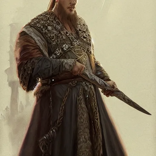 Image similar to Ragnar from Vikings in a dress, D&D, fantasy, intricate, cinematic lighting, highly detailed, digital painting, artstation, concept art, smooth, sharp focus, illustration, art by Artgerm and Greg Rutkowski and Alphonse Mucha