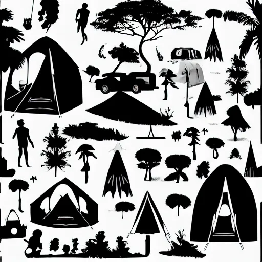 Prompt: vector of caravan night camping in the jungle, black silhouette, white background