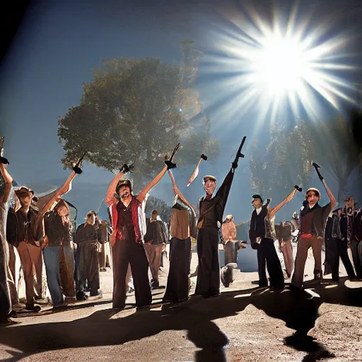 Prompt: <photograph lighting=spectacular rating=high>Vampires Dancing In the Sun Holding Guns</photograph>