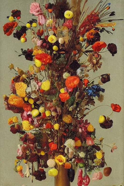 Image similar to still life of a bouquet of flowers made of gummy bears and jelly beans, Northern Renaissance,