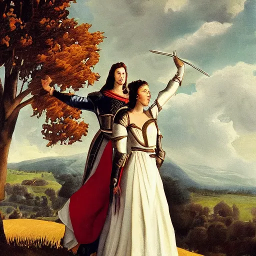 Prompt: a painting that depicts a young woman sending her knight off to battle. She is standing on a hill with her arms outstretched, and her hair blowing in the wind. The sky is clear and blue, and the sun is shining. The woman is wearing a white dress, and her face is full of emotion. She looks sad, but also proud and determined. The knight is mounted on his horse, and he is looking at the woman. He has a sword in his hand, and he looks ready for battle. The horse is rearing up, and the knight is ready to ride off into battle in the style of Edmund Leighton.