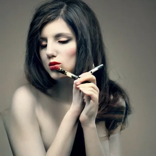 Prompt: the most beautiful woman in the world smoking a pipe. sharp colour photograph. soft lighting. depth of field. trending on artstation.