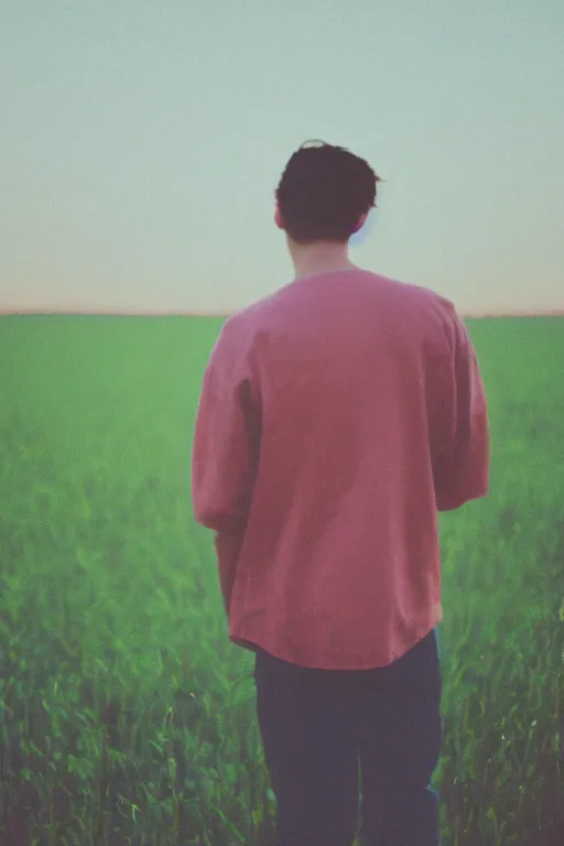 Image similar to agfa vista 4 0 0 photograph of a guy standing in a field of human skulls, back view, synth vibe, vaporwave colors, lens flare, moody lighting, moody vibe, telephoto, 9 0 s vibe, blurry background, grain, tranquil, calm, faded!,