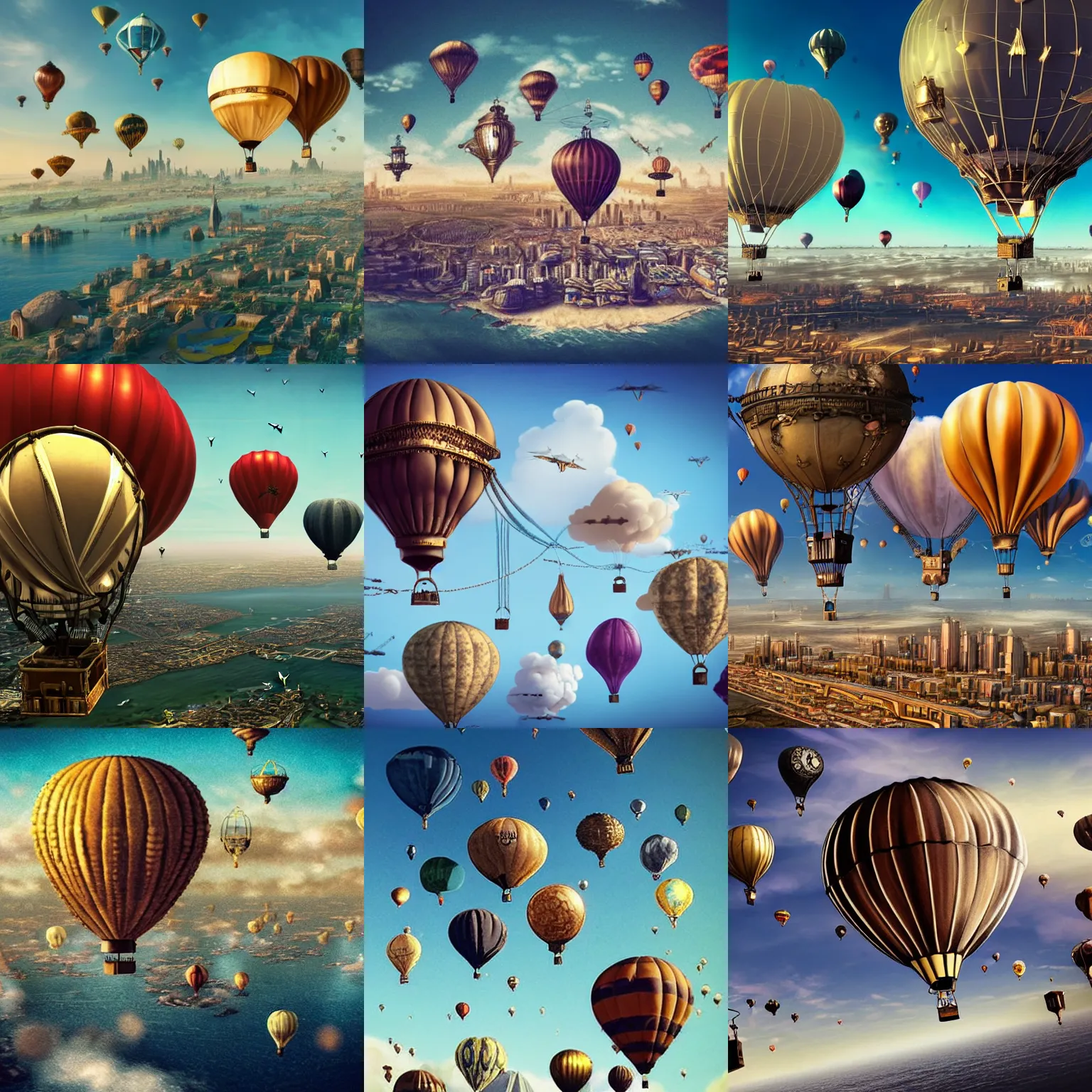 Prompt: endless flying steampunk city in the sky with air balloons and airships and dirigibles flying above the ocean