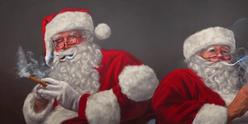 Prompt: Santa smoking a joint, cinematic lighting, detailed oil painting, hyperrealistic, 8k